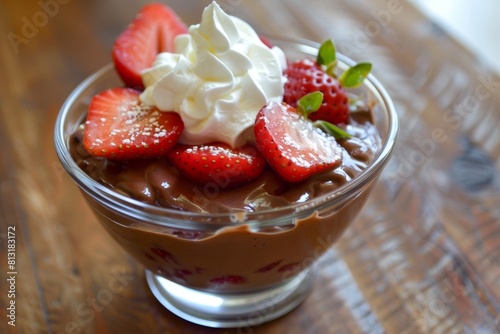 gourmet dessert options, indulge in a divine summer dessert chocolate pudding with fresh strawberries and whipped cream, a delightful treat