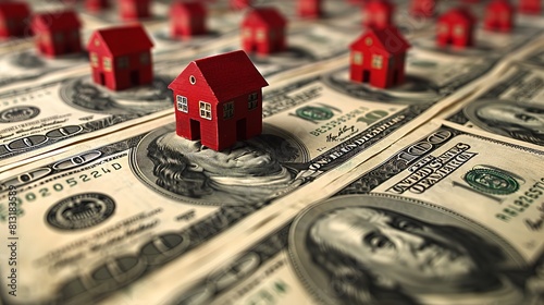 A red house is perched atop a stack of dollar bills, symbolizing wealth and property ownership