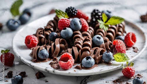 sweet chocolate fusilli pasta with fresh berries on a white plate.
