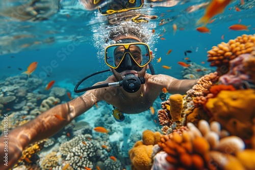 The over-shoulder view of a scuba diver submerged in clear waters alongside schooling fish near a coral reef