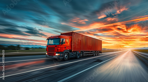 image motion blur.Truck on highway road with red container, transportation concept.,import,export logistic industrial Transporting Land transport on the asphalt expressway with sunrise sky