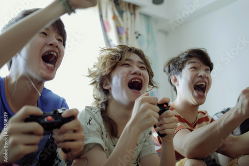 Pals gathered around a game console, cheering and jeering as they engage in a lively round of video games. Concept of amusement and togetherness. Generative Ai.