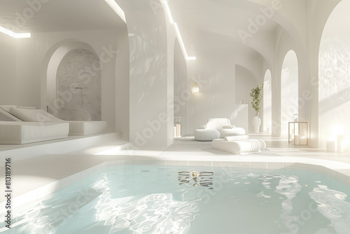 An exclusive spa sanctuary offering rejuvenating treatments amidst breathtaking surroundings, providing a haven of relaxation and rejuvenation. Generative Ai.