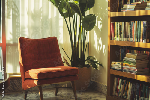 A cozy reading nook tucked away in a corner of the lobby, stocked with a selection of books for guests to enjoy during their stay. Concept of literary escape and relaxation. Generative Ai.
