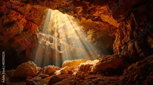 Entrance of karst cave inside mountain, dark cavern with beams of light from hole. Theme of travel, wild nature, subterranean, background, opening