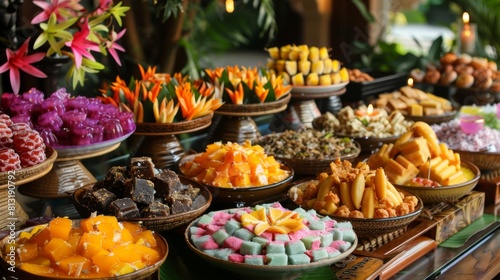 A traditional Thai dessert buffet laden with sweet treats like coconut custard, banana fritters, and colorful jelly sweets.