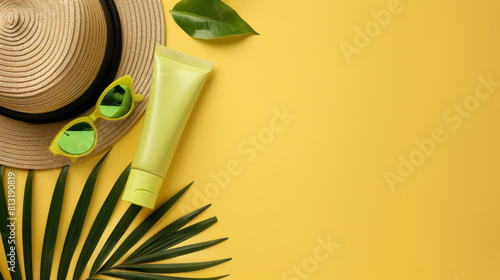 tropical summer concept with sunscreen, sunglasses, and straw hat on yellow background, copy space for text 