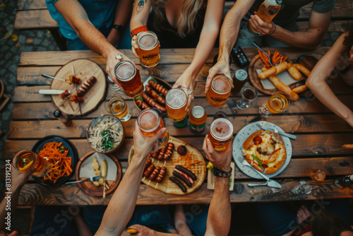 A festive German Oktoberfest gathering, with friends clinking beer steins and enjoying bratwurst and pretzels amidst lively music. Concept of cultural festivity and merriment. Generative Ai.