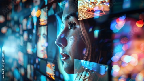 Render the face of a social media influencer, their image projected on screens around them as they curate their online persona with precision and flair