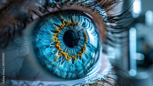 Close-up macro photograph of a blue human eye in a sterile environment, with a medical tool visible in the background