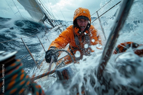 A focused sailor withstands torrential seas while navigating a sailboat, embodying determination and courage