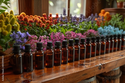 Essential oil bottles on a wooden surface with a vibrant array of colorful flowers