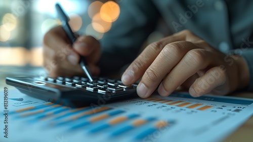 A man sitting at a desk, focused on using a calculator to perform calculations