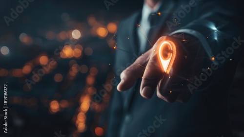 Businessman touching virtual screen with handshake icon and location pin sign on dark background, in the style of technology business concept. Professional photo. realistic 