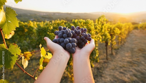Hand farmer holdind ripe grapes in the vineyard field at sunset