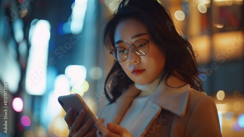 The Attractive Asian Businesswoman Engages With Her Mobile Phone And Smartphone, Her Expression A Mix Of Focus And Efficiency As She Navigates Through Her Tasks