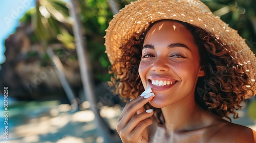 Smiling young woman applying sun protection on her lip outdoor