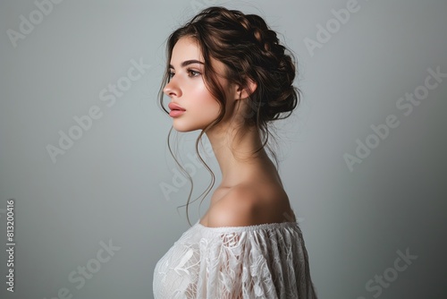  Young woman with fishtail braid updo wearing a lace top on gray background. Side profile studio portrait. Romantic hairstyle and fashion concept. Design for poster, banner.