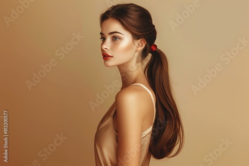 Young woman with sleek French twist ponytail on beige background. Side profile studio portrait. Elegance and hairstyle concept. Design for poster, banner.