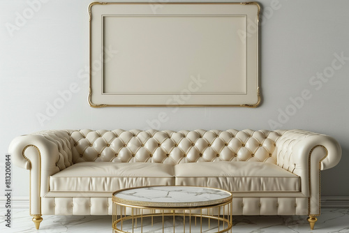 Luxurious decor featuring a cream-colored leather sofa and a gold trim coffee table under a 3D frame mockup on a pale gray wall.