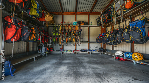 Spacious, empty adventure sports equipment shed with paragliding harnesses and helmets, all orderly but unutilized.