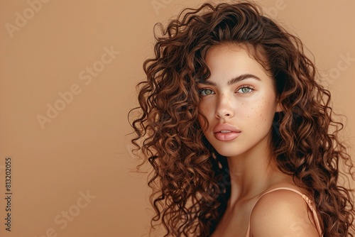Young woman with curly hair on beige background. Studio portrait. Beauty and hair care concept. Design for poster, banner.