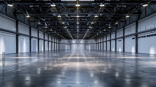 Spacious empty exhibition shed with high ceilings and spotlights, prepared for an event that never took place.