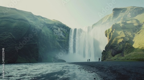 Skogafoss waterfall, Iceland. Mountain valley and clear sky. Natural landscape in summer season. Icelandic nature. Group of a people near large waterfall.
