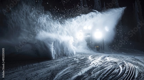 Snow cannon works on a ski slope at night, close-up, high resolution and detail.