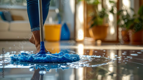 A woman is cleaning a floor with a blue mop