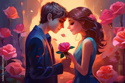 Romantic Gesture: Boy Proposing to Stunning Girl with Rose in Vibrant Scene, AI-generated images boy proposing the stunning girl with rose flower.