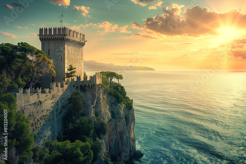 A medieval castle in the sunset on a cliff