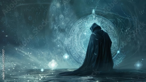 A mysterious cloaked figure performs a magical ritual under the moonlight, surrounded by swirling mystic symbols, emphasizing the power of magic, isolated on white