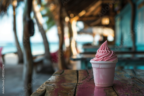 A pink soft serve ice cream on a rustic table with a tropical beach shack in the background