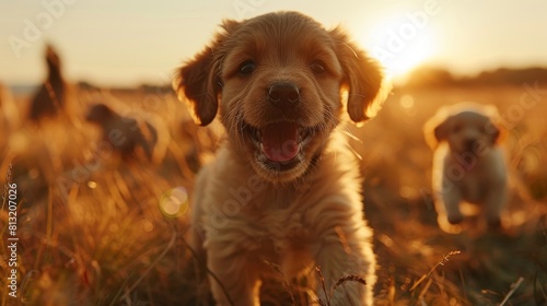Cute little puppy running in the field at sunset
