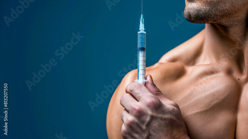 Muscular Man Holding a Syringe to His Shoulder Against a Blue Background - Fitness Enhancement, Steroid Use, Health Risks, Bodybuilding, Medical Injection