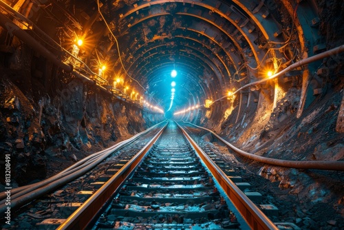 A thrilling view from inside a mining tunnel, showing rail tracks leading towards a lit exit, giving hope and a sense of direction