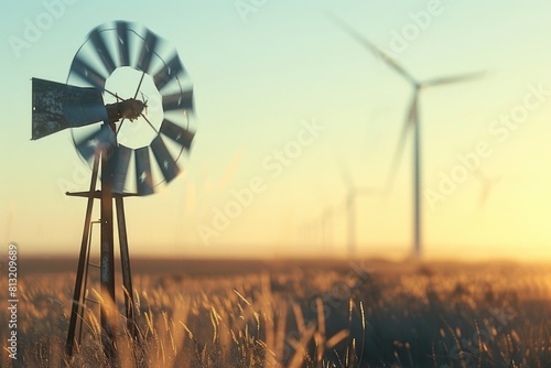 An old windmill in the foreground with large, modern wind turbines blurred in the background, symbolizing the evolution from past to present technology.