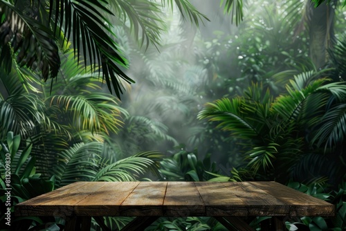 Jungle table background. Interior table for a cosmetic item against the backdrop of tropical plants, palms and jungle - generative ai