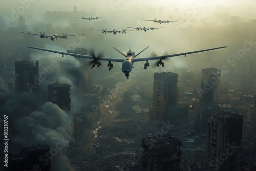 A massive military aircraft dominates the skies of a war-torn cityscape shrouded in smoke and desolation