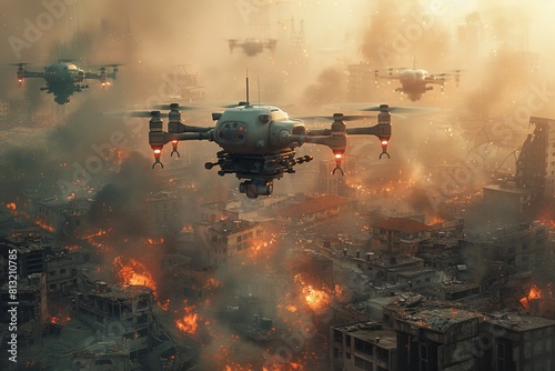 A robust ground drone advances through the fiery chaos of a burning urban war zone, epitomizing modern warfare