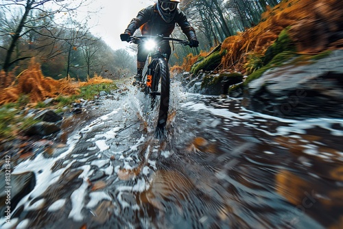 Capturing the intense moment of a cyclist heading straight through a water stream, surrounded by autumn colors