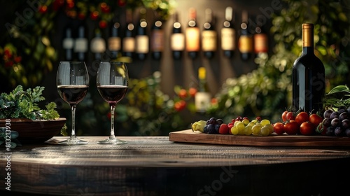 Close-up of two glasses of red wine with wooden tray of grapes on the table in the restaurant.