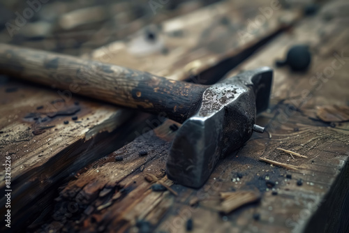 close-up of a hammer tapping a nail on an old textured wooden surface