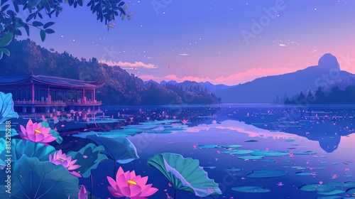 asian lake landscape with mountains, lakes, lotuses and pavilions, pink and fluorescent green, digital illustration
