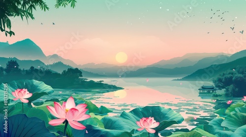 asian lake landscape with mountains, lakes, lotuses and pavilions, pink and fluorescent green, digital illustration