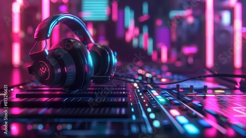 dj headphones and sound mixer in neonlit club music and nightlife concept digital illustration
