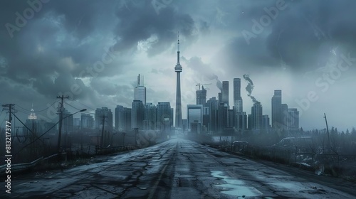 dystopian toronto skyline with a desolate highway leading to a postapocalyptic city scifi illustration