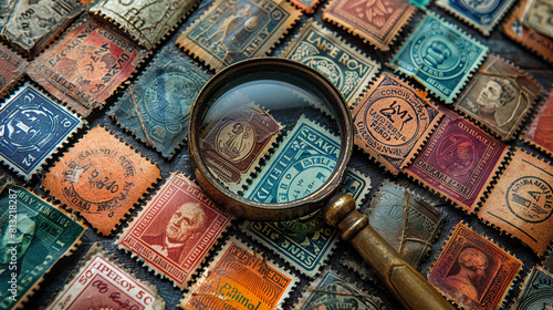 A magnified view of a collection of old stamps. Generated by AI