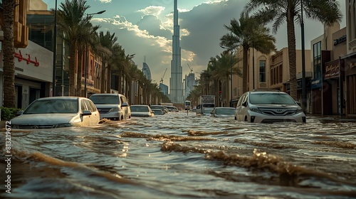 Flooded Street in Dubai, View Of The City Flooded Streets After Rain, Shops and Cars Under Water, Traffic and Flood